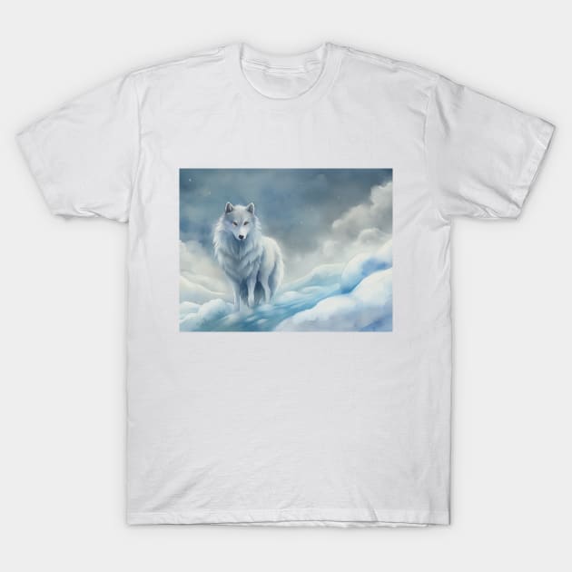 Funny White Wolf Hunting Fantasy clouds snowy ground gifts idea watercolor art hoodie T-Shirt by sofiartmedia